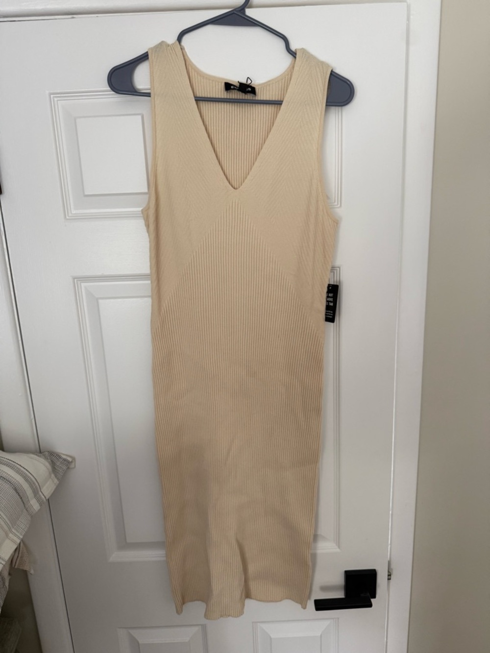 Express Sleeveless V-Neck Ribbed Midi Dress in Cream